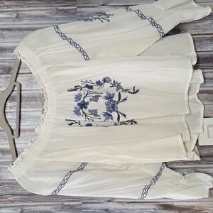American Eagle Outfitters Off-Shoulder Blouse - Cream and Blue Size L